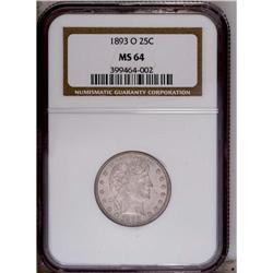 1893-O 25C MS64 NGC. Gentle rose and lime tints endow 1893-O[25C] MS64 NGC.