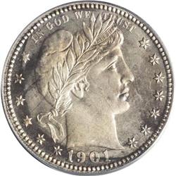 1901 25C PR66 Cameo PCGS. Patchy lilac-gray and amber 1901[25C] PR66 Cameo PCGS.