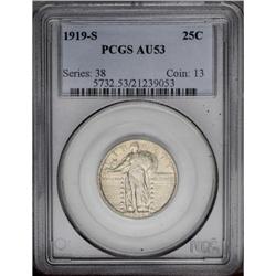 1919-S 25C AU53 PCGS. Light gunmetal-gray and apricot 1919-S[25C] AU53 PCGS.