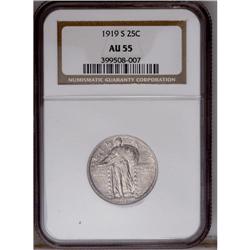 1919-S 25C AU55 NGC. Refreshingly mark-free beneath sp 1919-S[25C] AU55 NGC.