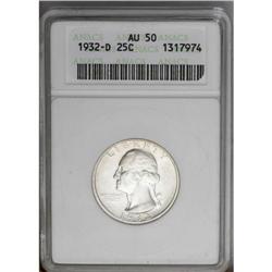 1932-D 25C AU50 ANACS. The centers of the devices have 1932-D[25C] AU50 ANACS.