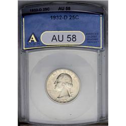 1932-D 25C AU58 ANACS. A satiny and lightly toned exam 1932-D[25C] AU58 ANACS.