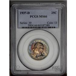 1937-D 25C MS66 PCGS. A melange of lavender, cobalt-bl 1937-D[25C] MS66 PCGS.
