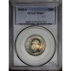 1945-S 25C MS67 PCGS. Cobalt-blue, lavender, and gold- 1945-S[25C] MS67 PCGS.