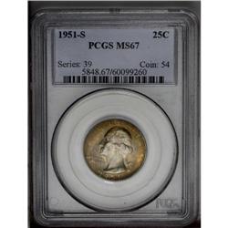 1951-S 25C MS67 PCGS. Smooth, frosted mint luster glow 1951-S[25C] MS67 PCGS.