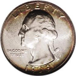 1938 25C PR68 NGC. Beautifully toned with green, red, 1938[25C] PR68 NGC.