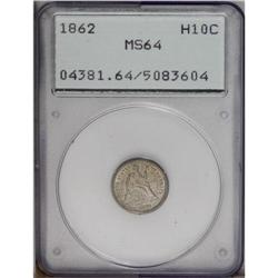 1862 H10C MS64 PCGS. Medium aqua-blue and lilac shades