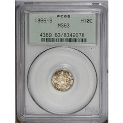 1866-S H10C MS63 PCGS. Gold, fire-red, and apple-green