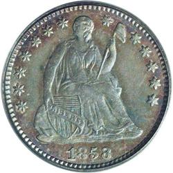 1858 H10C PR65 PCGS. A brightly mirrored specimen with