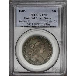 1806 50C Pointed 6, No Stem VF30 PCGS. O-109, R.1. The