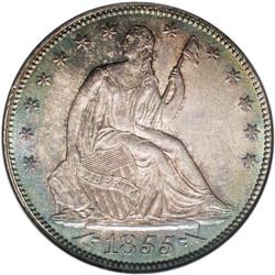 1855 50C Arrows MS64 NGC. Deep ocean-blue and olive-gr