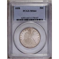 1858 50C MS64 PCGS. Golden-gray surfaces exhibit pleas