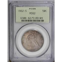 1862-S 50C MS62 PCGS. Variegated plum, sherbet, and aq