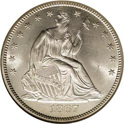 1867 50C MS65 NGC. A snowy-white Gem that boasts stron