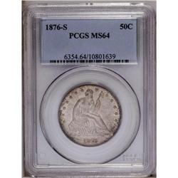 1876-S 50C MS64 PCGS. Mottled reddish-olive patina is