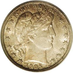 1905 50C MS64 PCGS. The mottled obverse toning is ambe