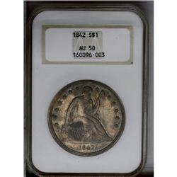1842 S$1 AU50 NGC. Deep golden-brown toning over both