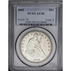1842 S$1 AU58 PCGS. A brilliant and moderately proofli