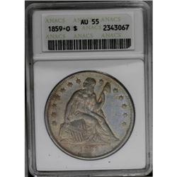 1859-O S$1 AU55 ANACS. Golden-brown and powder-blue ti