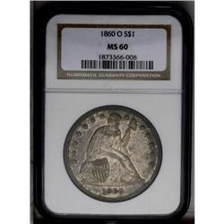 1860-O S$1 MS60 NGC. A dense layer of toning occurs ov