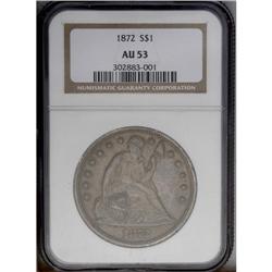 1872 S$1 AU53 NGC. Deep dove-gray and tan-brown toning
