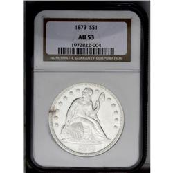 1873 S$1 AU53 NGC. Substantial luster remains evident