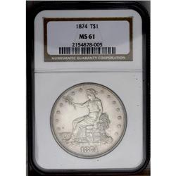 1874 T$1 MS61 NGC. This gently toned and lustrous trad