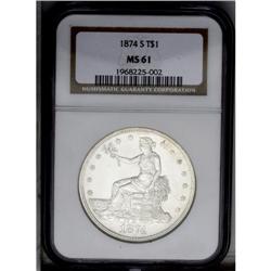 1874-S T$1 MS61 NGC. This highly lustrous example has