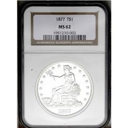 1877 T$1 MS62 NGC. Brilliant, with a light silver-blue