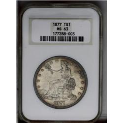 1877 T$1 MS63 NGC. Lustrous and boldly struck, except