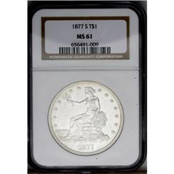 1877-S T$1 MS61 NGC. An untoned example that features