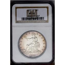 1877-S T$1 MS62 NGC. Lovely tan-gold, rose, and forest