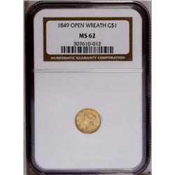 1849 G$1 Open Wreath MS62 NGC. Large Head, With L. Thi