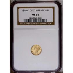 1849 G$1 Closed Wreath MS64 NGC. Large Head, With L. T
