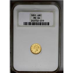 1851 G$1 MS64 NGC. Sharply struck with sparkling mint