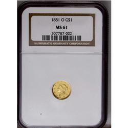 1851-O G$1 MS61 NGC. An extremely bright gold dollar,