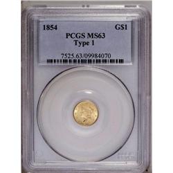 1854 G$1 Type One MS63 PCGS. Lustrous peach-gold surfa
