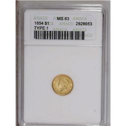 1854 G$1 Type One MS63 ANACS. Struck from noticeably c