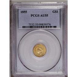 1855 G$1 AU55 PCGS. Nice definition is visible on the