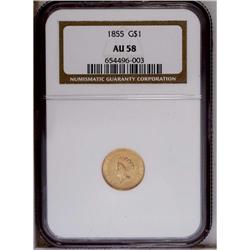 1855 G$1 AU58 NGC. The surfaces display peach-gold pat