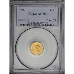 1855 G$1 AU58 PCGS. Ample luminous luster adorns this