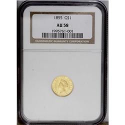 1855 G$1 AU58 NGC. A frosty near-Mint example of this