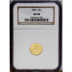 1855 G$1 AU58 NGC. Nearly full luster is visible on bo