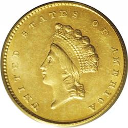 1855 G$1 MS62 PCGS. Overall bold in striking detail, t