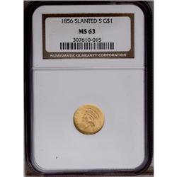 1856 G$1 Slanted 5 MS63 NGC. Honey-gold surfaces exhib