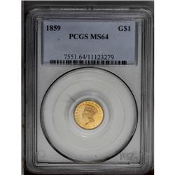 1859 G$1 MS64 PCGS. Boldly struck overall, if slightly