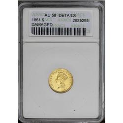 1861 G$1 --Damaged--ANACS. AU58 Details. The cheekbone