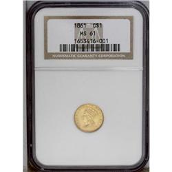 1861 G$1 MS61 NGC. Peach-gold surfaces display the typ