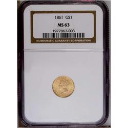 1861 G$1 MS63 NGC. Pleasing apricot-gold surfaces yiel