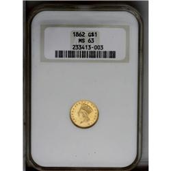 1862 G$1 MS63 NGC. A richly lustrous example with a pl